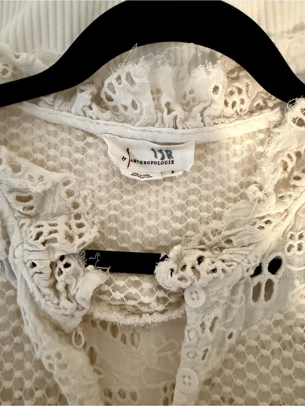 Anthropologie Ivory Crochet Ruffle Button-Front Blouse